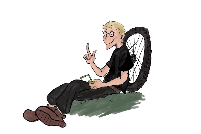 a drawing of one of the mech sitting next to a bicycle wheel